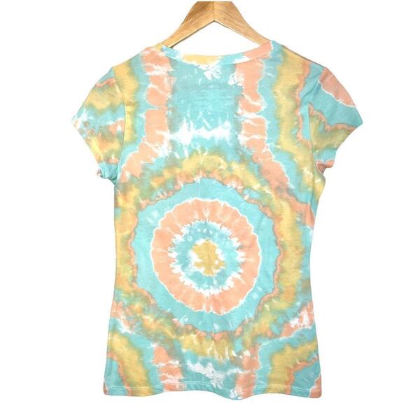 Women’s Tie Dye Graphic T-Shirt Tee Juniors Large Short Sleeve Yellow Blue Peach - Picture 2 of 3